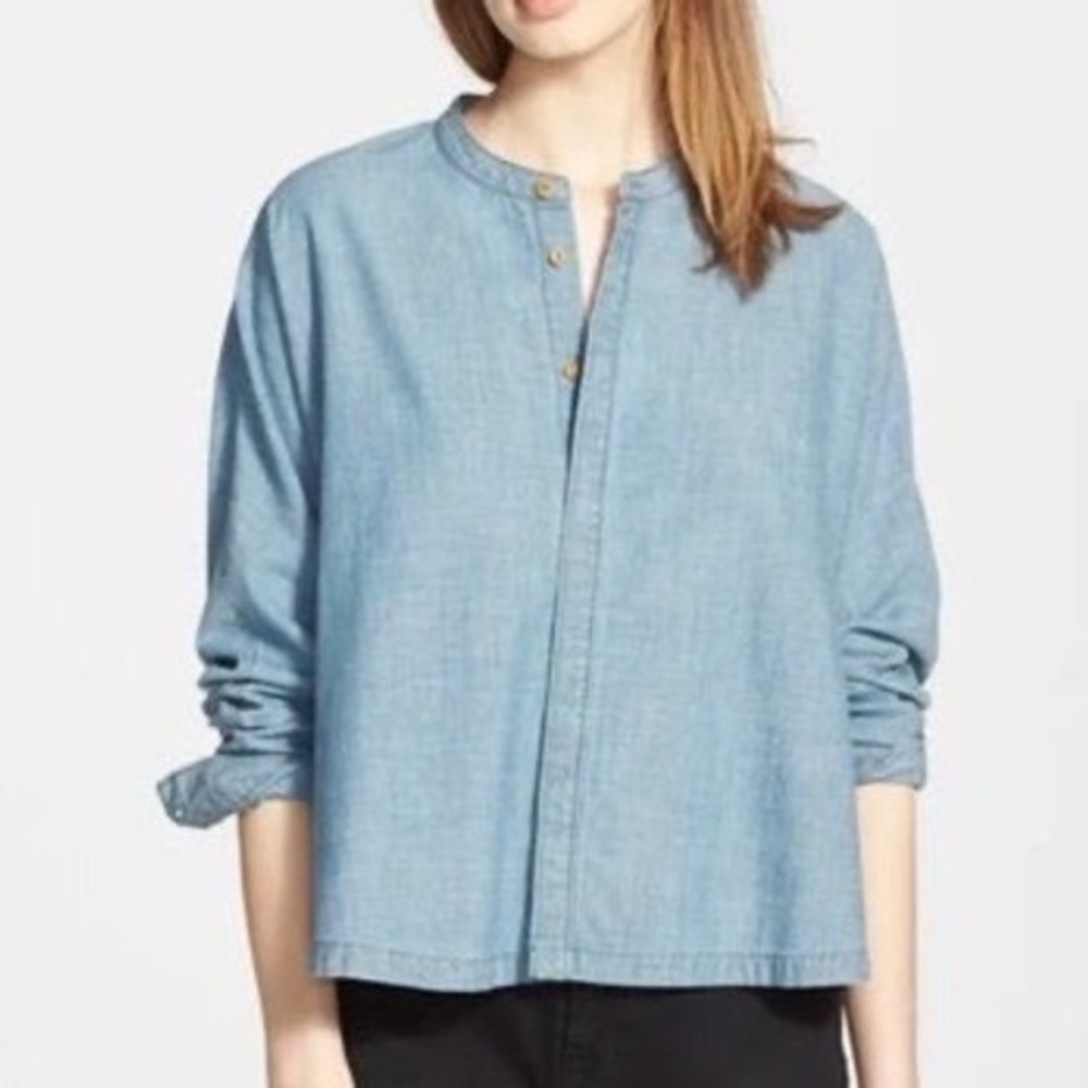 Madewell Chambray Band Collar Dolman Shirt Blue Cotton Oversized Boxy Womens L